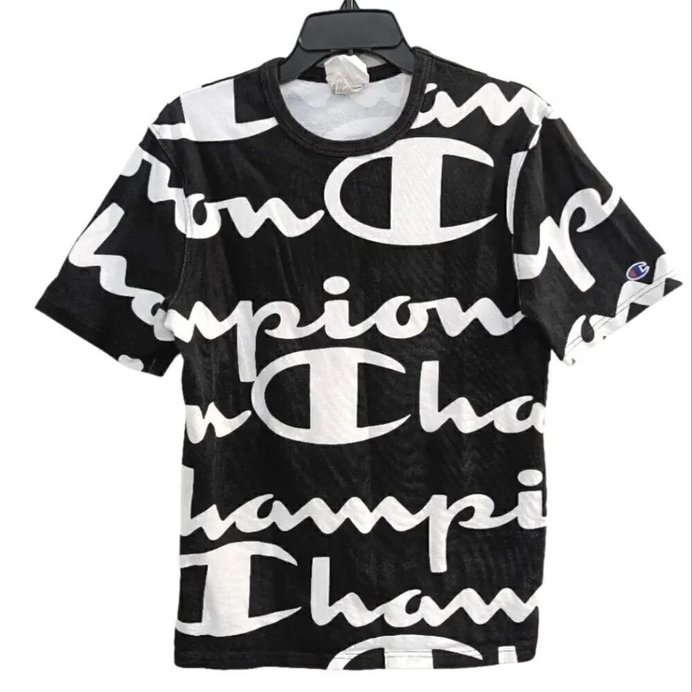 Champion Vintage 90s Men's M black and white graphic Big C logo crew t-shirt tee